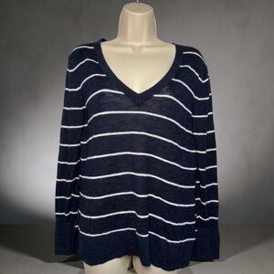 Banana Republic Women’s Navy White Striped V Neck Linen Blend Sweater Nautical